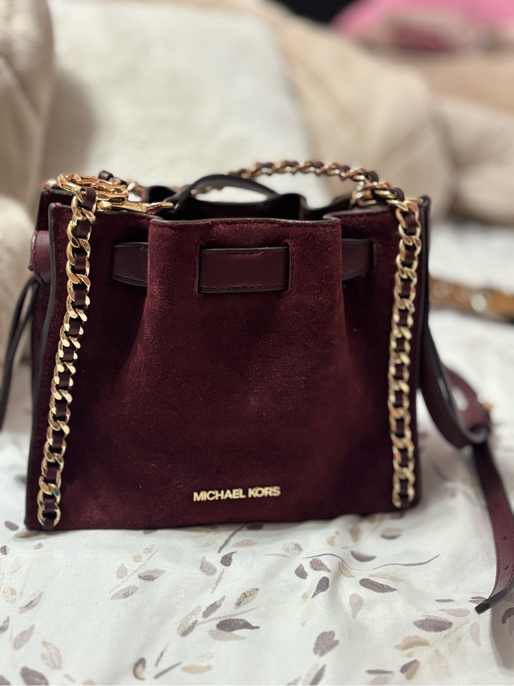 Michael Kors Maroon Suede Drawstring Crossbody with Gold Chain